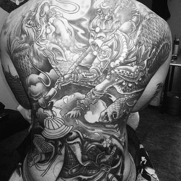 Monkey King Battle With Dragon Mens Full Back Shaded Tattoos