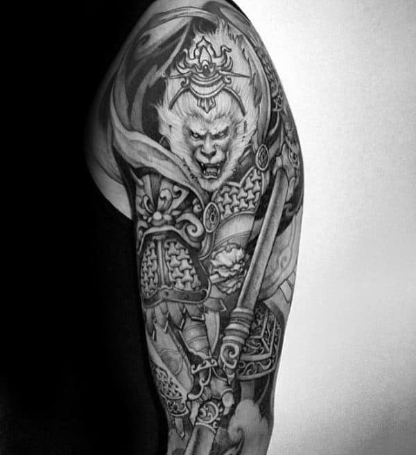 Monkey King Black And Grey Ink Male Shaded Half Sleeve Tattoo Design Ideas