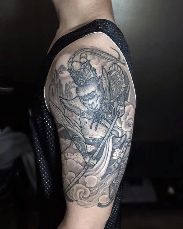 Monkey King With Nature Background Mens Half Sleeve Tattoo Ideas