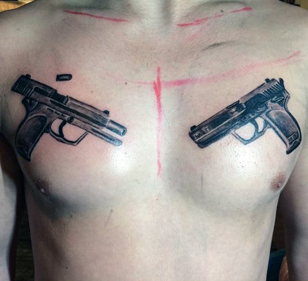 Monotone Pistol Tattoo On Chest For Males