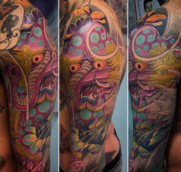 Monster Lotus Flower Mens Sleeve Tattoos