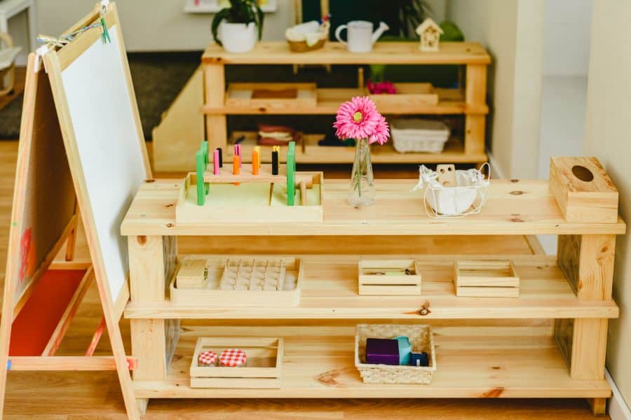 small wood shelf and desk playroom