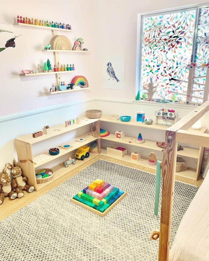 kids playroom with corner shelf storage