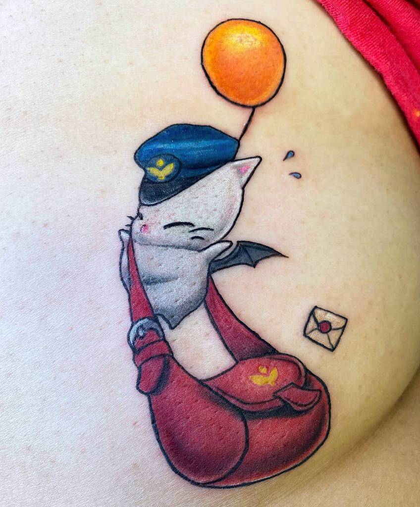 Colorful Kingdom Hearts tattoo of a Moogle dressed as a mail carrier, carrying a satchel with a Heartless emblem and floating with a balloon.