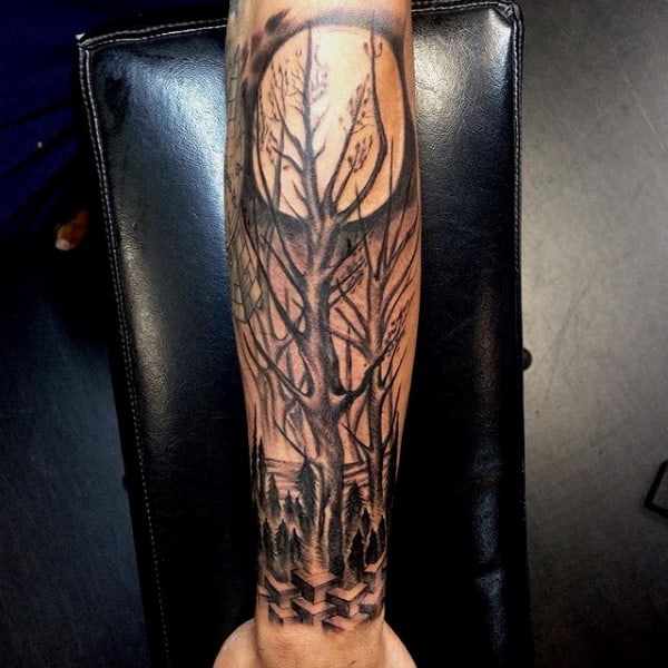 Moon Geometric Tree Sleeve Tattoos For Guys