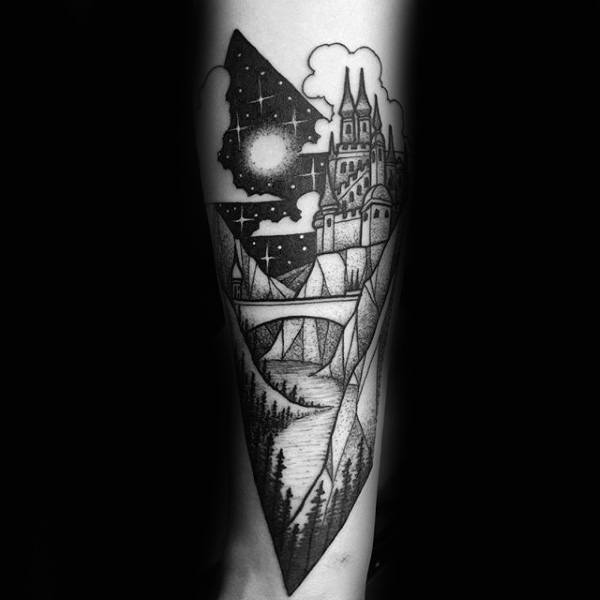 Moon Light And Stars Mens Castle Tattoo With Draw Bridge On Wrist