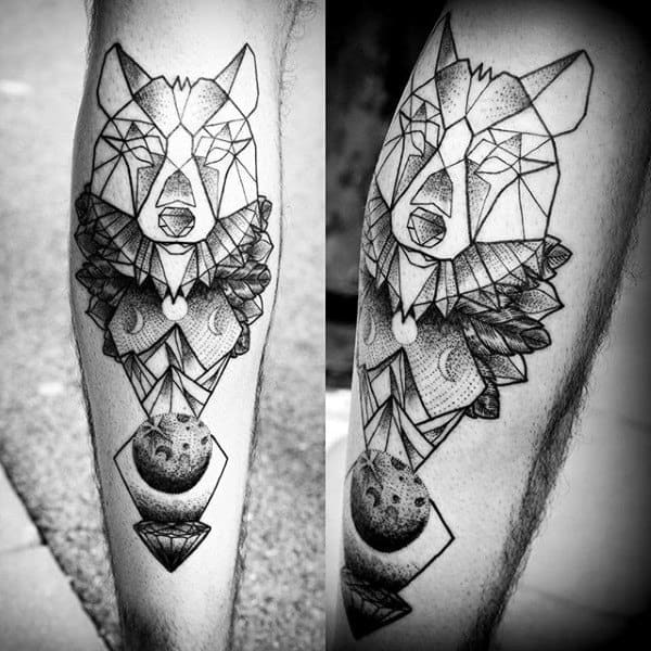 Moon Phase Male Geometric Wolf Leg Tattoo