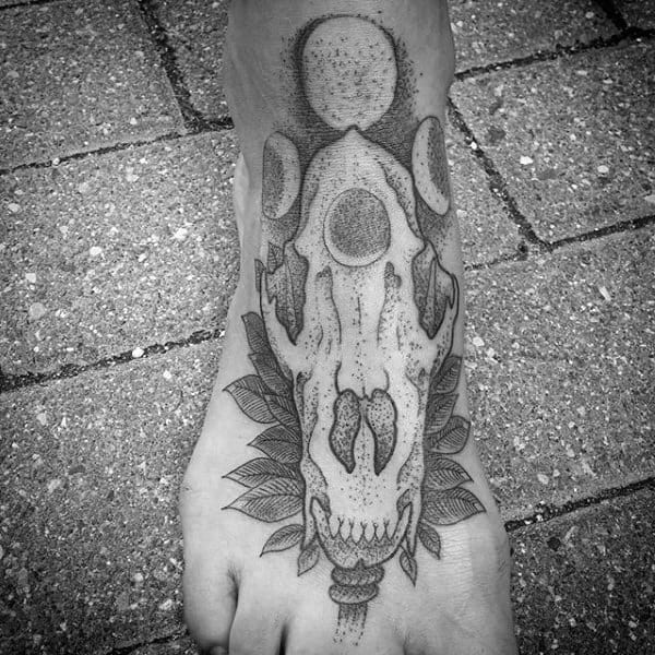 Moon Phases With Wolf Skull Mens Foot Tattoos