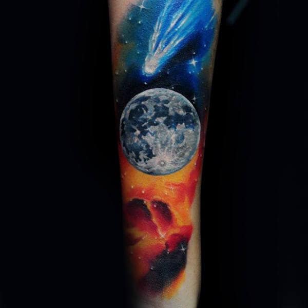 Moon With Asteroids Male Forearm Tattoos