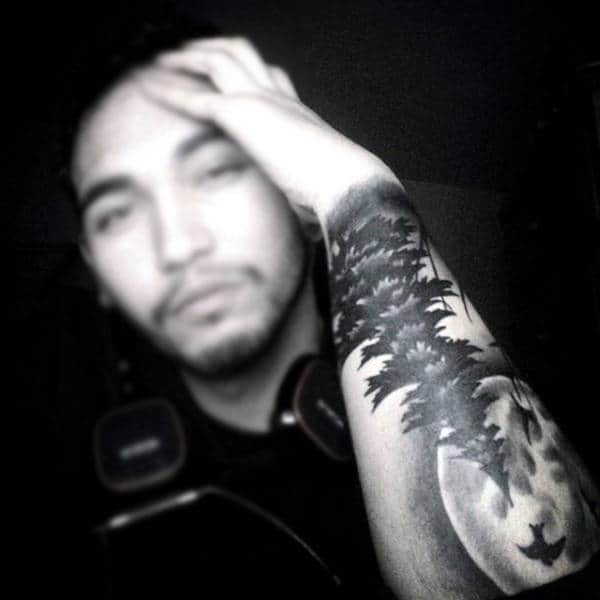 Moon With Pine Tree Forearm Sleeve Male Tattoos