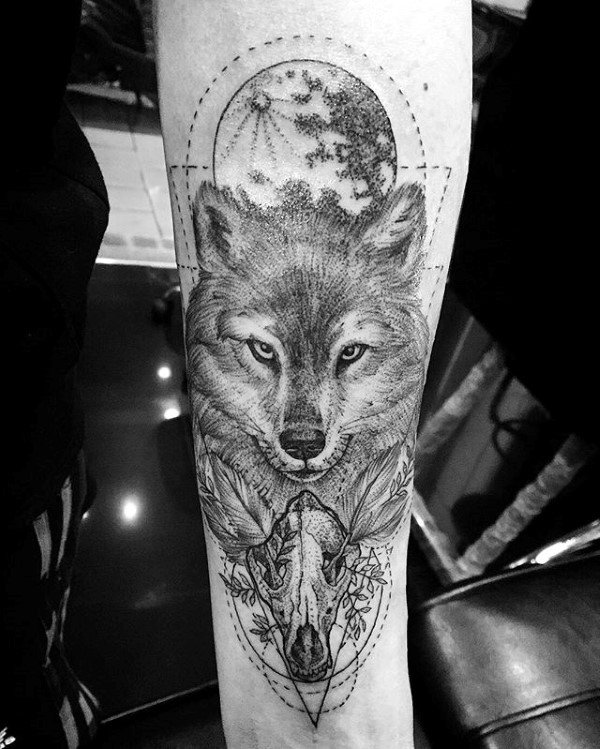 Moon With Wolf Skull Guys Inner Forearm Tattoo
