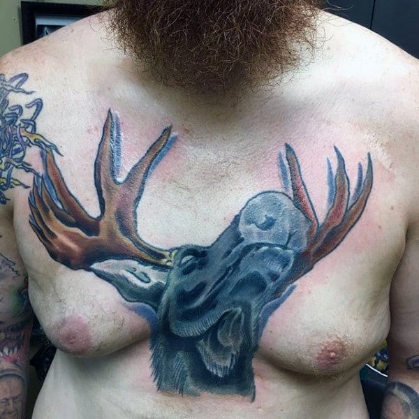 Moose With Antlers Upper Chest Tattoos For Men