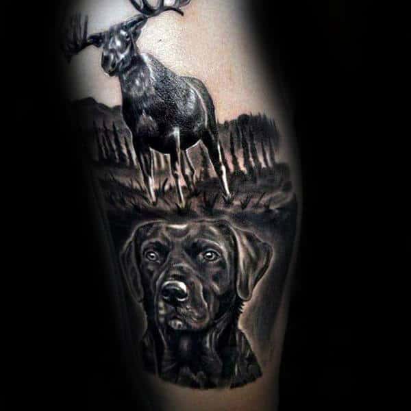 Moose With Dog Realistic Mens Leg Tattoos