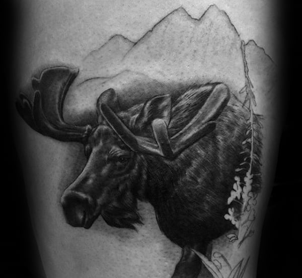 Moose With Mountains Male Arm Tattoo Design Inspiration