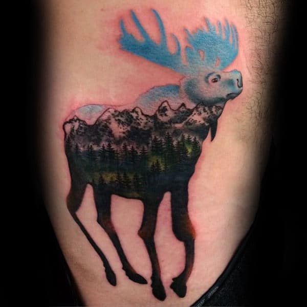 Moose With Mountains Rib Cage Side Tattoos For Guys