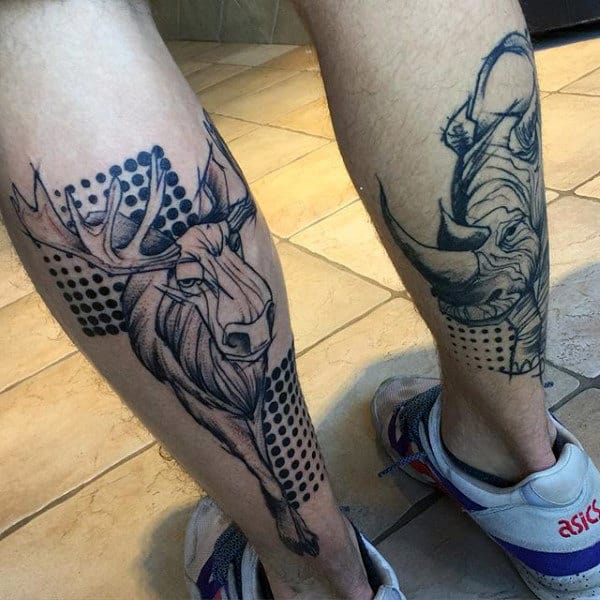 Moose With Rhino Mens Back Of Leg Tattoos