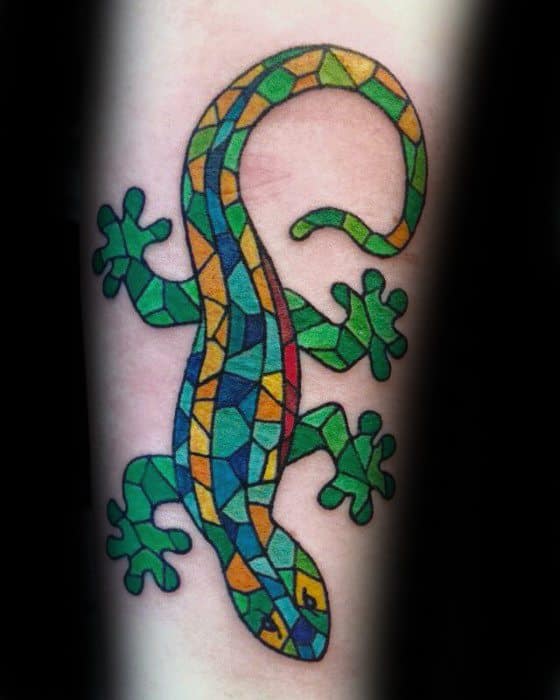 Mosaic Male Tattoos Lizard On Inner Forearm
