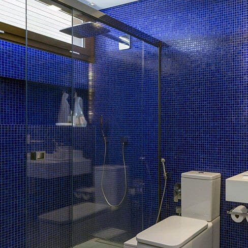 blue mosaic tile wall bathroom shower toilet
