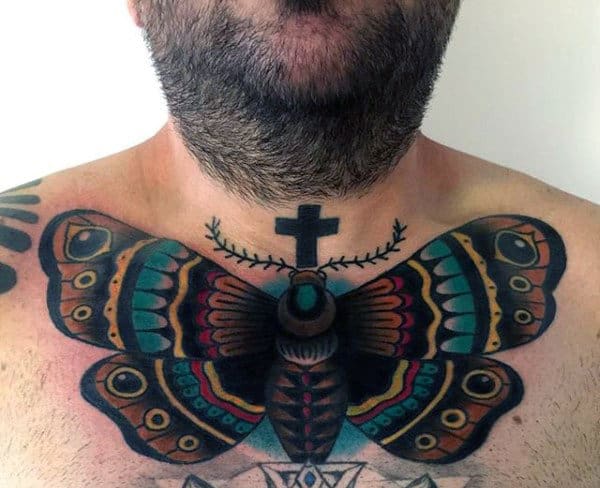 Moth With Cross Mens Colorful Upper Chest Tattoos
