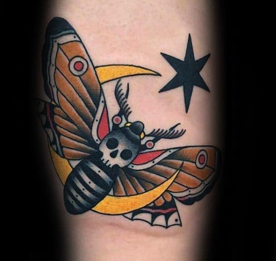Moth With Moon Mens Traditional Arm Tattoos