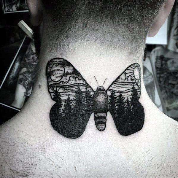 Moth With Nature Landscape Mens Back Of Neck Tattoos
