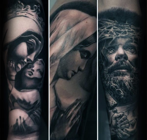 Mother Mary And Jesus Guys Forearm Tattoos