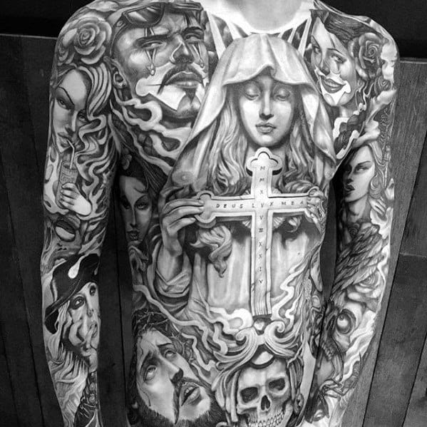 Mother Mary Holding Cross Mens Badass Chicano Chest Tattoos
