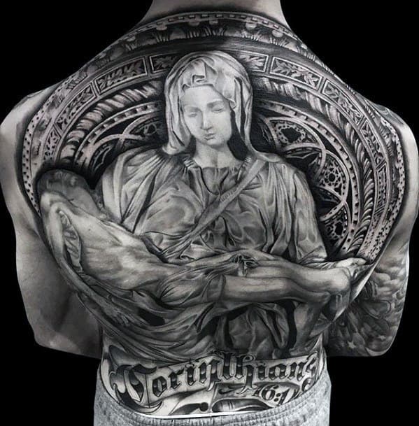 Mother Mary Holding Jesus In Arms Guys Ornate Back Tattoo