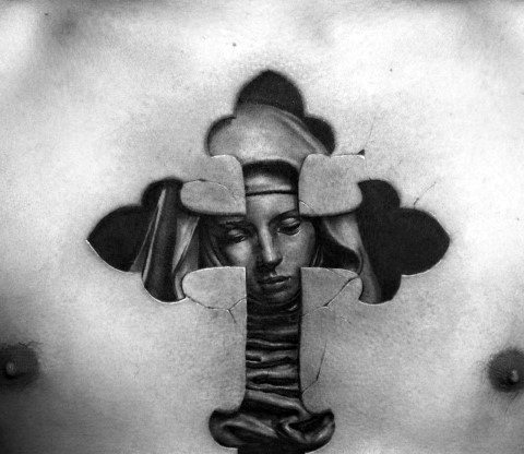 Mother Mary Inside 3d Cross Guys Upper Chest Tattoo