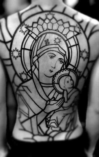 Mother Mary Mens Christian Stained Glass Full Back Tattoo