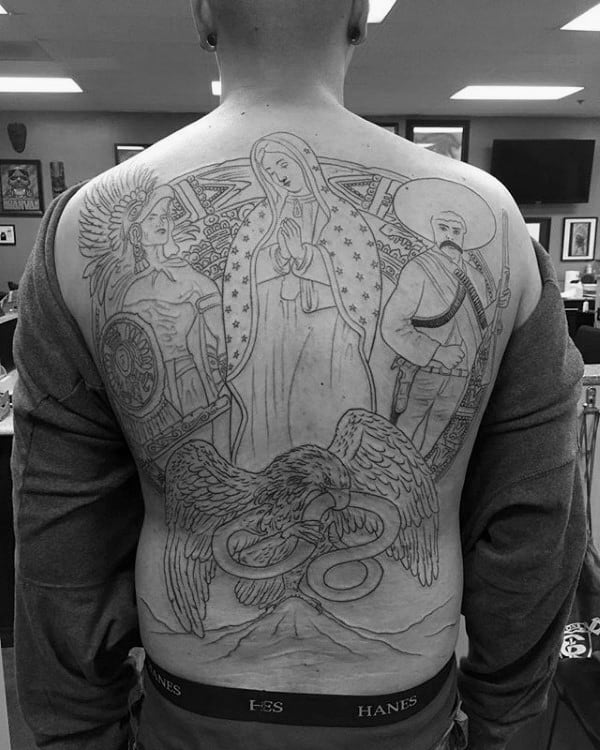 Mother Mary Mexican Eagle Guys Full Back Black Ink Outline Tattoos
