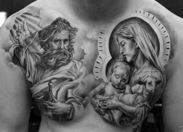 Mother Mary With Baby Jesus Guys Amazing Religious Chest Tattoo Design Ideas