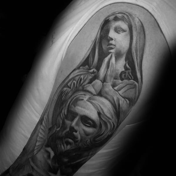 Mother Mary With Jesus Shaded Guys Arm Tattoos
