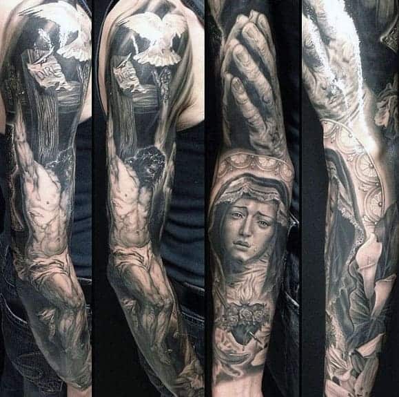 Black and white religious-themed sleeve tattoo with Jesus, dove, hands, and Mary