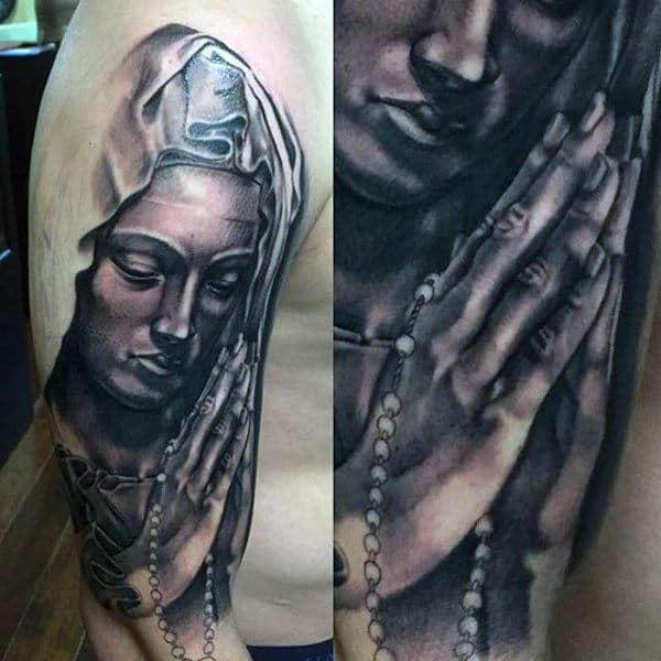 Mother Of God Praying With Rosary Guys Mary Arm Tattoo