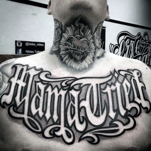 Mother Script Guys Chest Tattoo