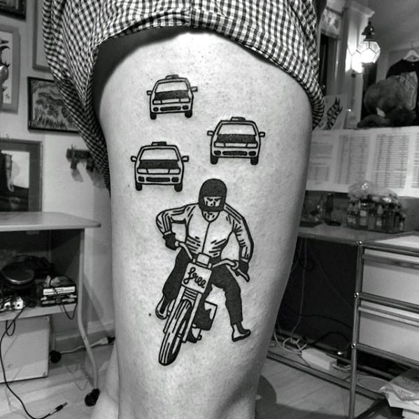 Motorcycle Rider With Cop Cars Simple Side Of Thigh Leg Tattoos For Men
