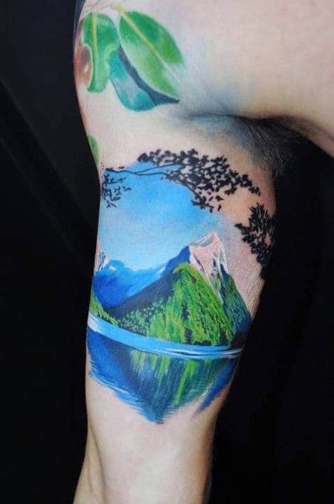 Mountain Landscape Male Bicep Inner Arm Tattoo Ideas