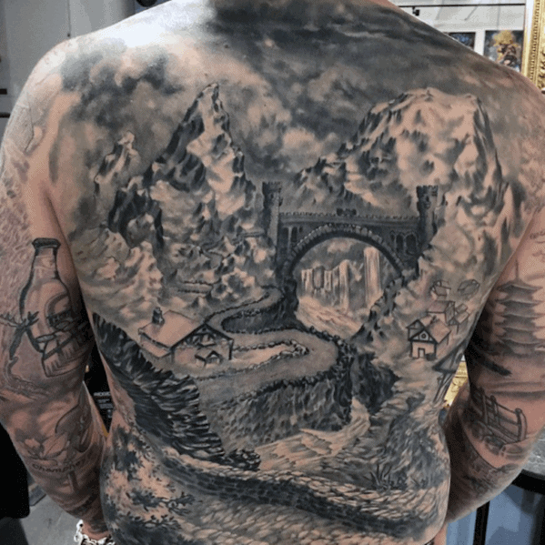 Mountain Landscape With Bridge Cool Mens Back Tattoos