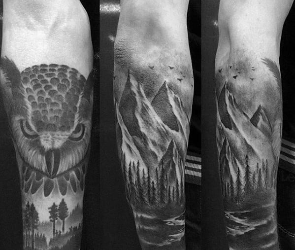 Mountain Landscape With Owl Mens Shaded Forearm Sleeve Tattoo