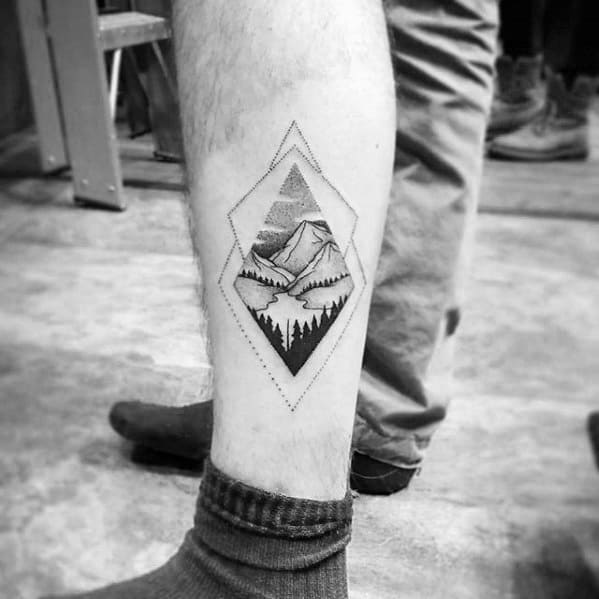 Mountain Landscape With Trees Mens Small Geometric Leg Tattoo