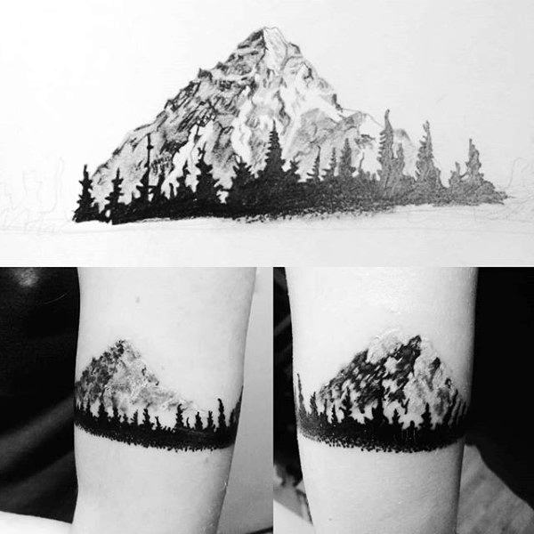 Mountain Nature Armband Tattoo Design For Guys With Pine Tree Forest