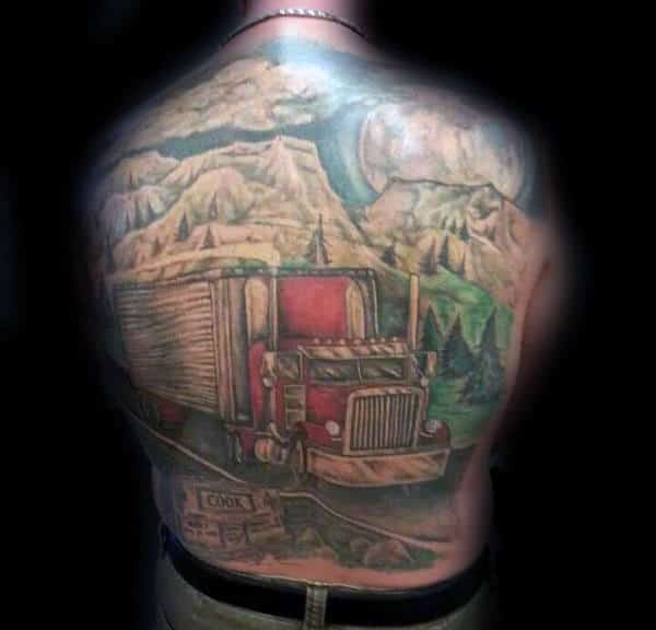 Mountain Scene Semi Truck On The Road Mens Full Back Tattoos