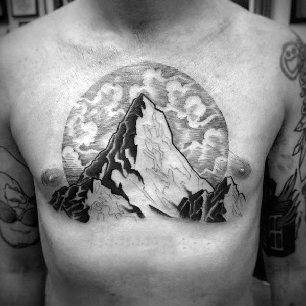 Mountain Top Clouds Guys Chest Tattoo