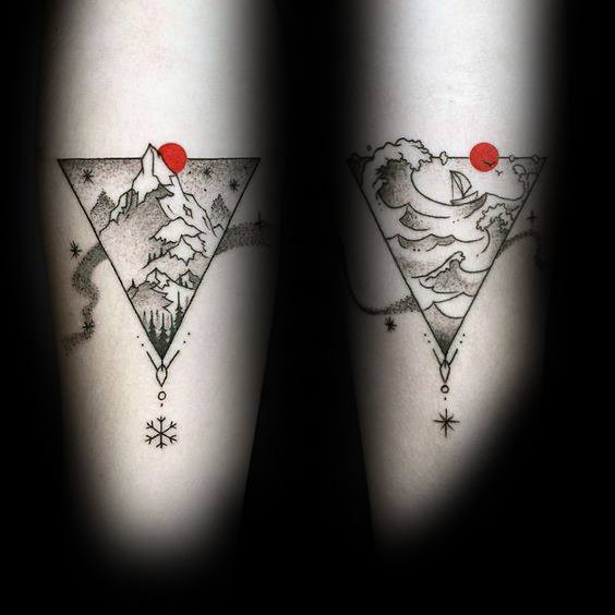 Two geometric tattoos: one of a mountain, the other of a sea wave, both with red suns