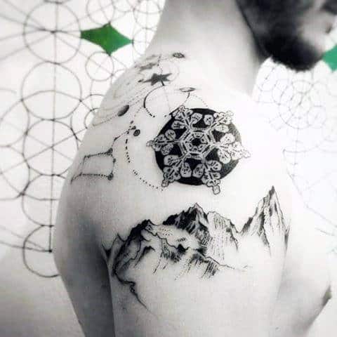 Mountain With Circular Snowflake Shoulder Tattoo