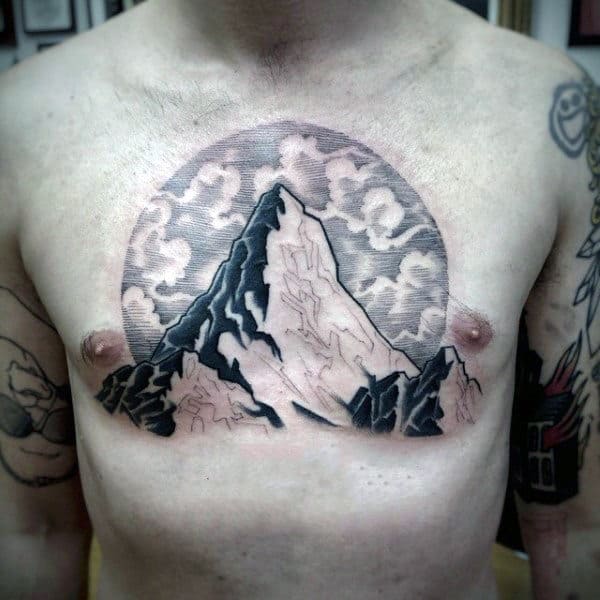 Mountain With Clouds Awesome Upper Chest Tattoo On Gentleman