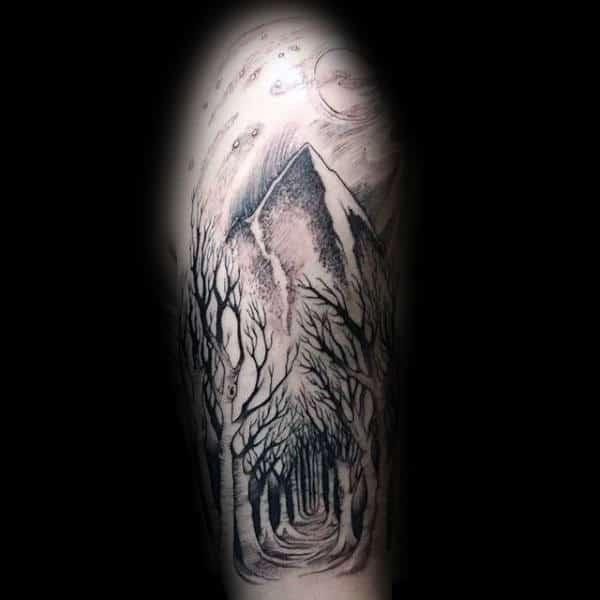 Mountain With Curved Trees Forest Male Tattoos