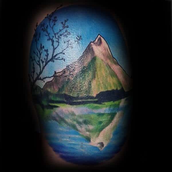 Mountain With Water Reflection Landscape Guys Arm Tattoo Ideas