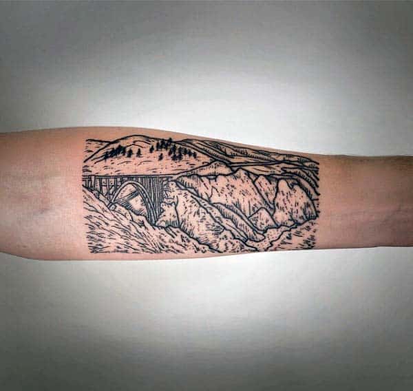 Mountains And Bridge Woodcut Tattoos For Men On Inner Forearm